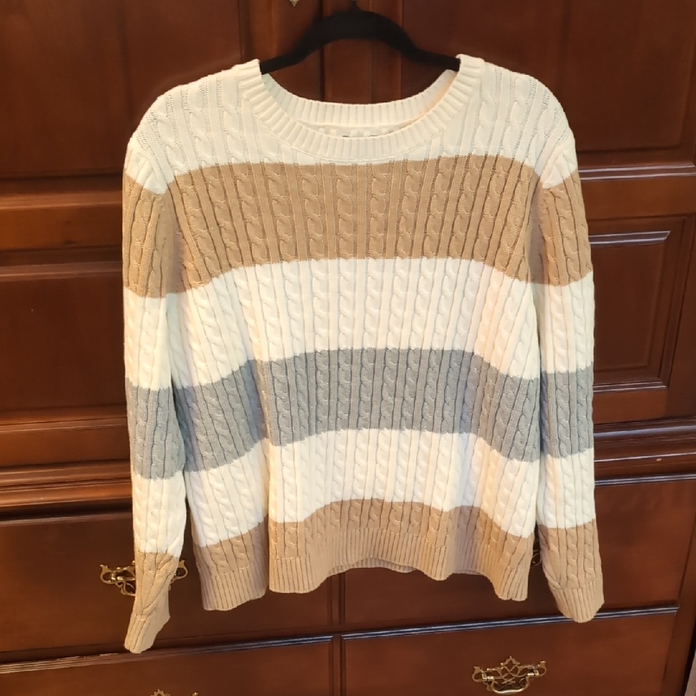 Land's End Cream and Tan Striped Cable Knit Crew Neck Sweater
